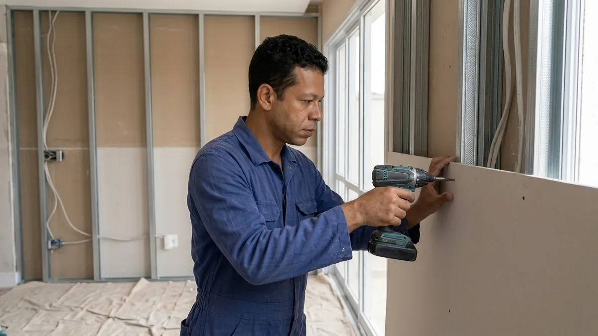 instalação de chapas de drywall em uma parede interna protegida da chuva