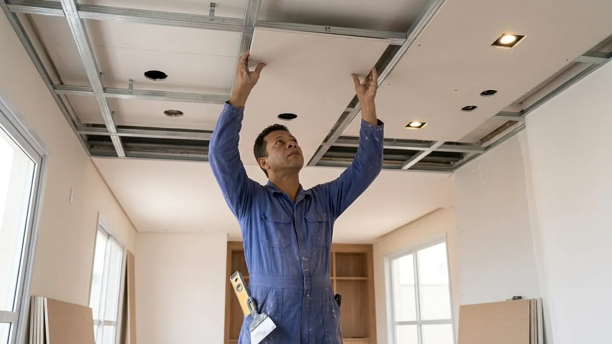 sala com teto rebaixado em drywall e pontos de iluminação embutida